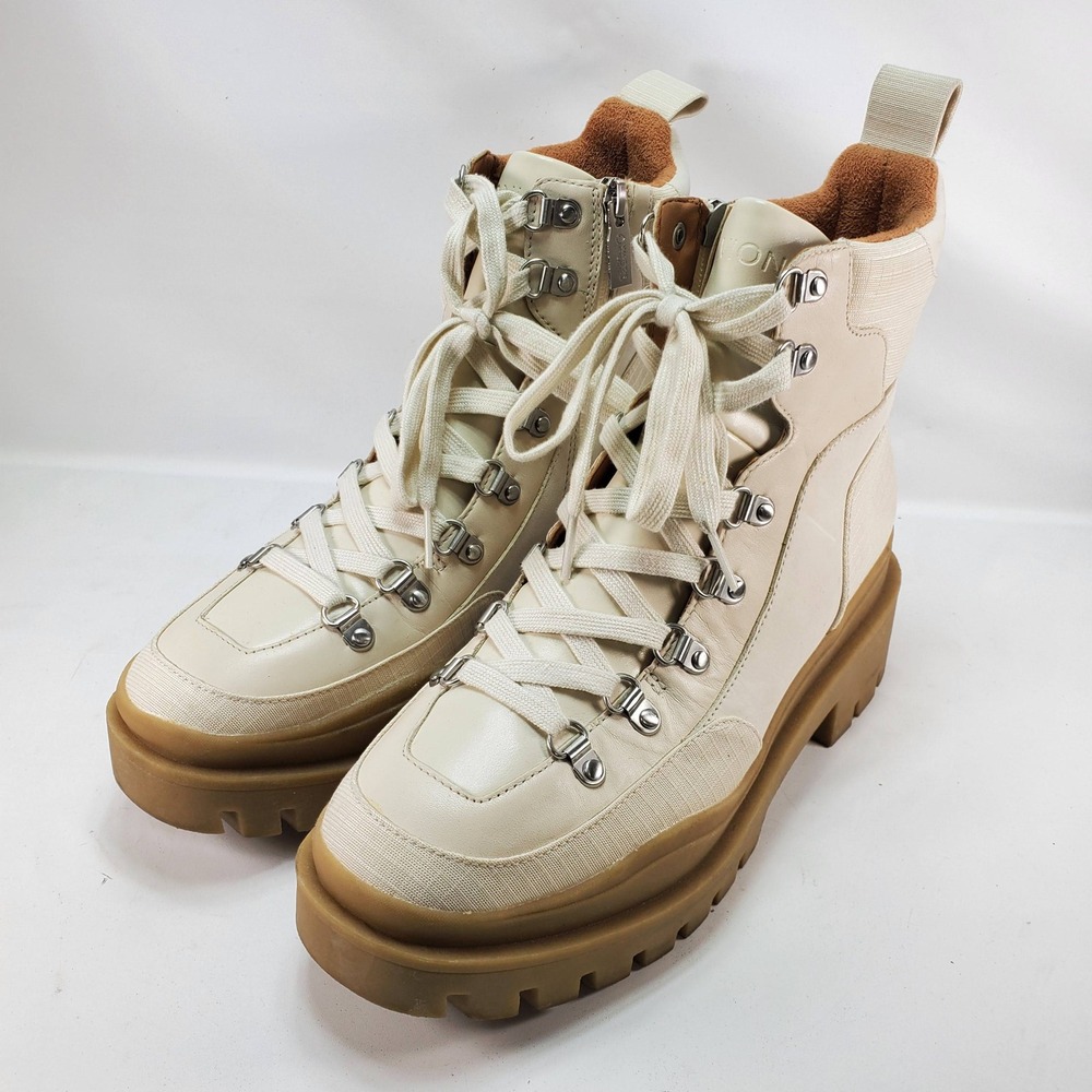 Vionic Jaxen Combat Boots Women 7.5 Cream Leather Lug Sole Platform Hiking Zip